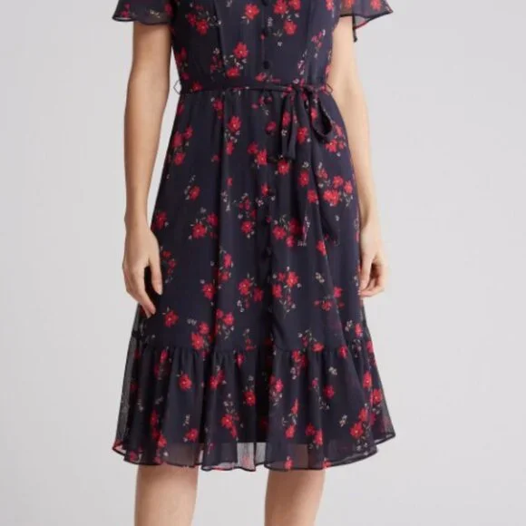 Calvin Klein Navy Floral V-Neck Chiffon Midi Dress – Size 12 - Picture 3 of 9